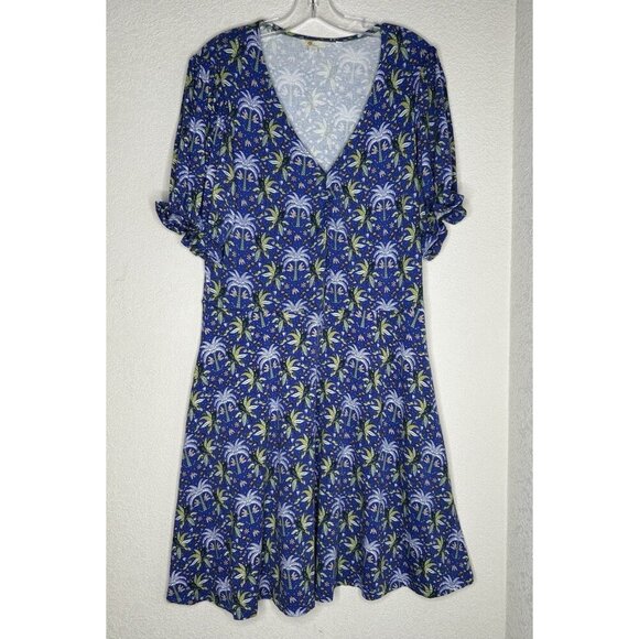 Boden Dress US Size 12 Blue Palm Trees Ruched V-Neck Pockets Swing Puff Sleeve - Picture 1 of 15